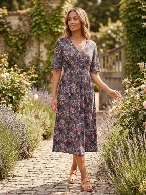Leota Floral V-Neck Midi Dress in Navy and Coral